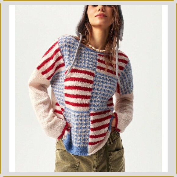 Cozy Patchwork Knit Sweater – Red & Blue Americana Pattern – Size M - Picture 3 of 10